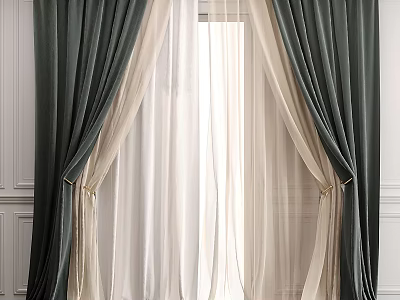 Dark Green Curtains With Sheer White Lining And Elegant Pleated Design For Home 3d model