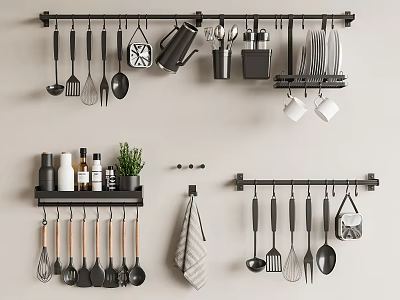 Organized Kitchen Wall Storage Racks With Hanging Utensils Mugs Plates And Herb Planter 3d model