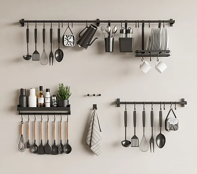 Organized Kitchen Wall Storage Racks With Hanging Utensils Mugs Plates And Herb Planter 3d model