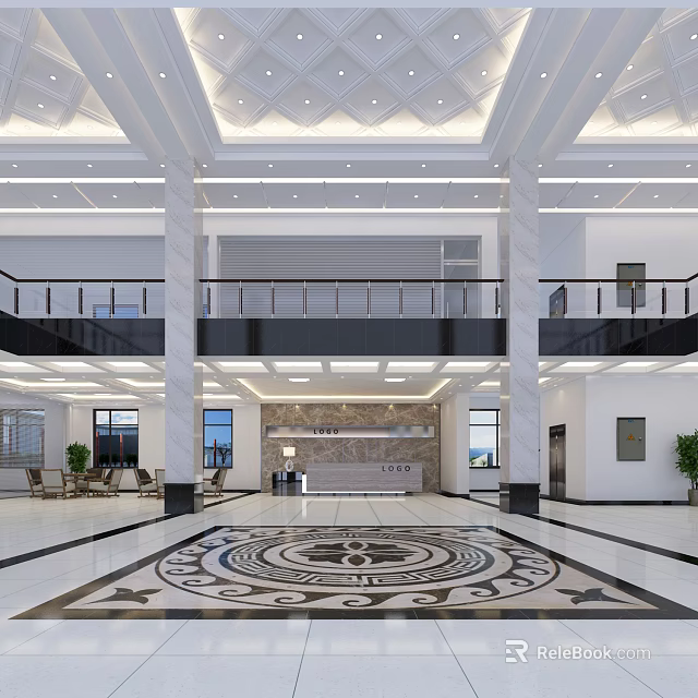 Modern Spacious Lobby Front Desk Reception With Marble Counter Intricate Floor Pattern And Elegant Ceiling 3d model 