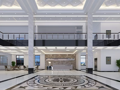 Modern Spacious Lobby Front Desk Reception With Marble Counter Intricate Floor Pattern And Elegant Ceiling 3d model