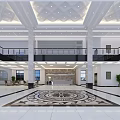 Modern Spacious Lobby Front Desk Reception With Marble Counter Intricate Floor Pattern And Elegant Ceiling