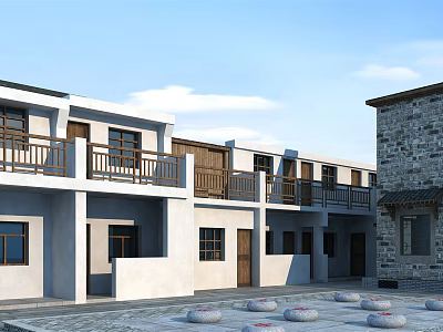 Traditional Chinese Residential Architecture With White Walls Wooden Balconies And Stone Structures 3d model