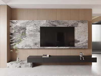 Black TV Cabinet With Marble Wall Panel And Wooden Backdrop Featuring Mounted TV 3d model