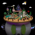 Colorful Cartoon Scene On Circular Platform With Slide Trees House Green Bottle Clouds Sun