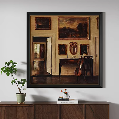 Vintage Interior Scene Oil Painting With Multiple Framed Artworks Mirror Table And Cello 3d model