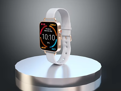 Smartwatch With White Strap And Digital Display For Health Monitoring On Silver Platform 3d model