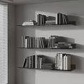 Neatly Arranged Books on Black Shelves Against White Wall and Window Blinds
