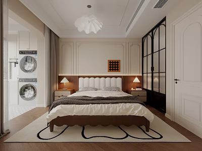 Elegant Bedroom Interior With Upholstered Headboard Bedside Lamps White Chandelier Wooden Floor And Patterned Rug 3d model