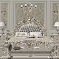 Luxury Classic Double Bed With Carved Headboard Ornate Wallpaper Chandelier And Bedside Lamps
