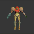 Sci Fi Character In Red Gold Armor With Green Mechanical Arm Design Details