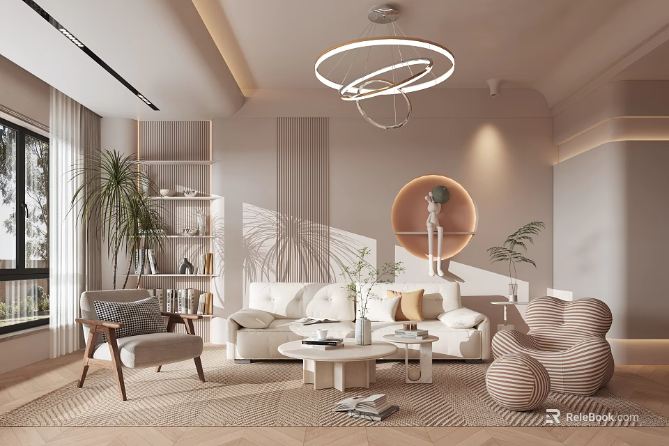 Modern Living Room Interior Design With White Sofa Round Chandelier Bookshelf And Green Plants 3d model 