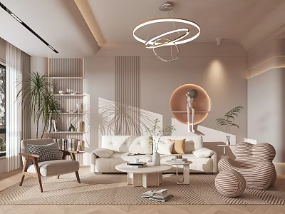 Modern Living Room Interior Design With White Sofa Round Chandelier Bookshelf And Green Plants 3d model
