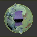 Cute Cartoon Scene Featuring Purple Leaf House Green Leaves Blue Stones Thread Spool and Logs