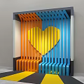 Modern Background Wall Featuring Orange Blue Vertical Strips And Yellow Heart Shape 3d model