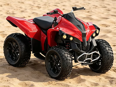 Red All Terrain Vehicle On Sandy Beach With Four Wheel Large Tires And Black Seat 3d model
