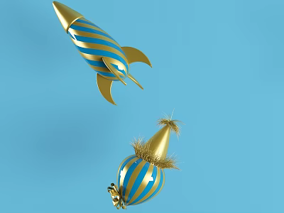 Gold And Blue Striped Commercial Equipment With Rocket Shape And Tasseled Sphere Design 3d model