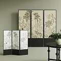 Elegant Room Divider With Black Frame And Black White Plants Animals Pattern 3d model