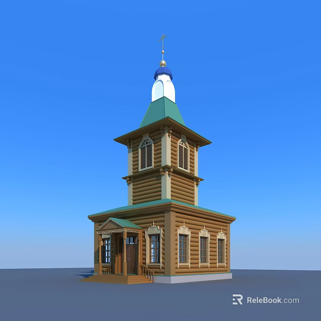 European style Wooden Tower Architecture With Green Roof White Dome And Golden Decoration 3d model 