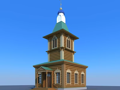 European style Wooden Tower Architecture With Green Roof White Dome And Golden Decoration 3d model