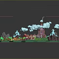 Cartoon 3D Village Scene With Red Roofed Buildings Tower Mountains And Green Trees