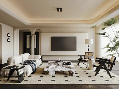 Contemporary Living Room Interior Design With Cream Sofa Marble Coffee Table TV And Armchairs 3d model