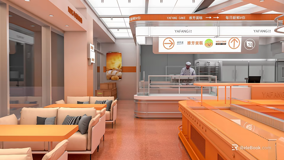 Modern Dessert Shop Interior Design With Open Counter Seating Area And Baking Equipment 3d model 