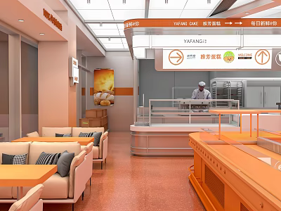 Modern Dessert Shop Interior Design With Open Counter Seating Area And Baking Equipment 3d model