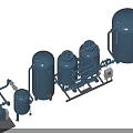 Multiple Blue Industrial Equipment with Tanks Pipes Valves and Control Panels Setup