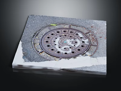 Manhole Cover On Cracked Road Surface Slab With Metal Grid And Holes 3d model