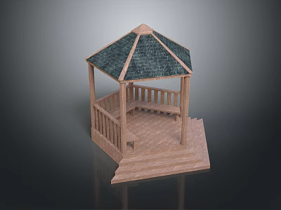 Wooden Garden Gazebo With Green Tile Roof And Wooden Railings Square Base 3d model