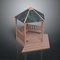 Wooden Garden Gazebo With Green Tile Roof And Wooden Railings Square Base