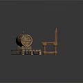Wooden Barrel On Pallet And Carved Wooden Bench With Intricate Patterns