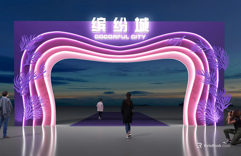 Vibrant Archway Entrance of Global City With Purple Pink Lighting and Decorative Plants 3d model 