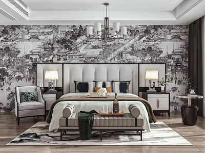 New Chinese Background Double Bed Double Bed 3d model