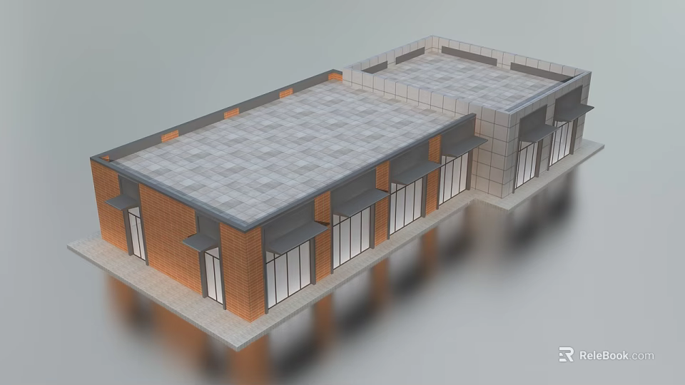 Modern Commercial Complex With Glass Facade Brick Walls And Flat Roof Design 3d model 