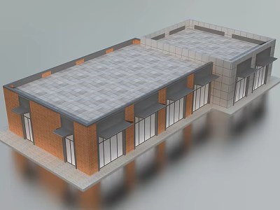 Modern Commercial Complex With Glass Facade Brick Walls And Flat Roof Design 3d model