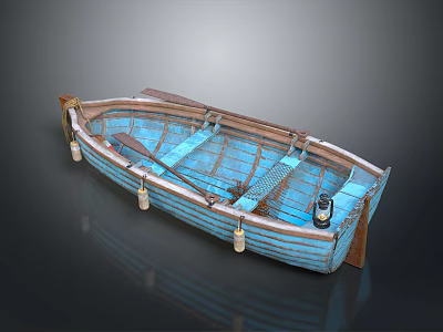 Vintage Wooden Boat With Blue Hull Oars And White Buoys On Dark Surface 3d model