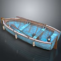 Vintage Wooden Boat With Blue Hull Oars And White Buoys On Dark Surface