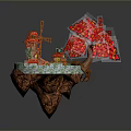 Floating Island Scene With Windmill Red Tree Green Grass And Stone Wall