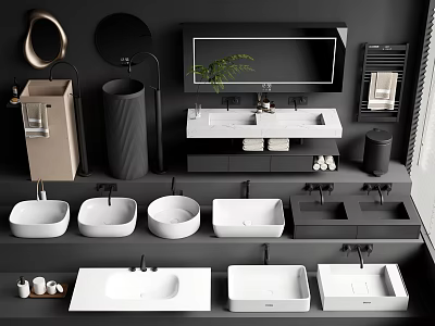 Modern Washbasins Display With Various Shapes Mirror Plant And Storage Cabinets 3d model