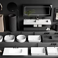 Modern Washbasins Display With Various Shapes Mirror Plant And Storage Cabinets