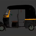 Black And Yellow Three Wheeled Motorcycle With Canopy Windshield Taxi Sign And Yellow Stripes