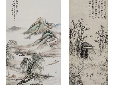 Traditional Chinese Landscape Painting With Mountains Water Trees Pavilion And Figures 3d model
