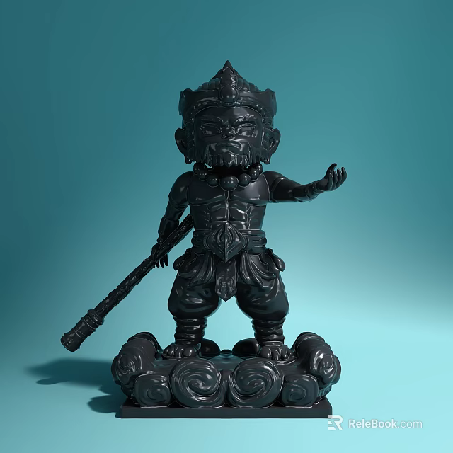 Decorative Black Monkey King Action Figure Doll with Staff and Patterned Base 3d model 