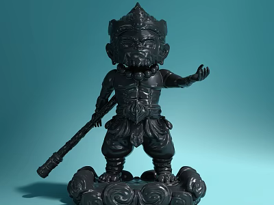 Decorative Black Monkey King Action Figure Doll with Staff and Patterned Base 3d model