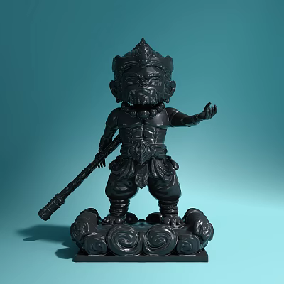 Decorative Black Monkey King Action Figure Doll with Staff and Patterned Base 3d model