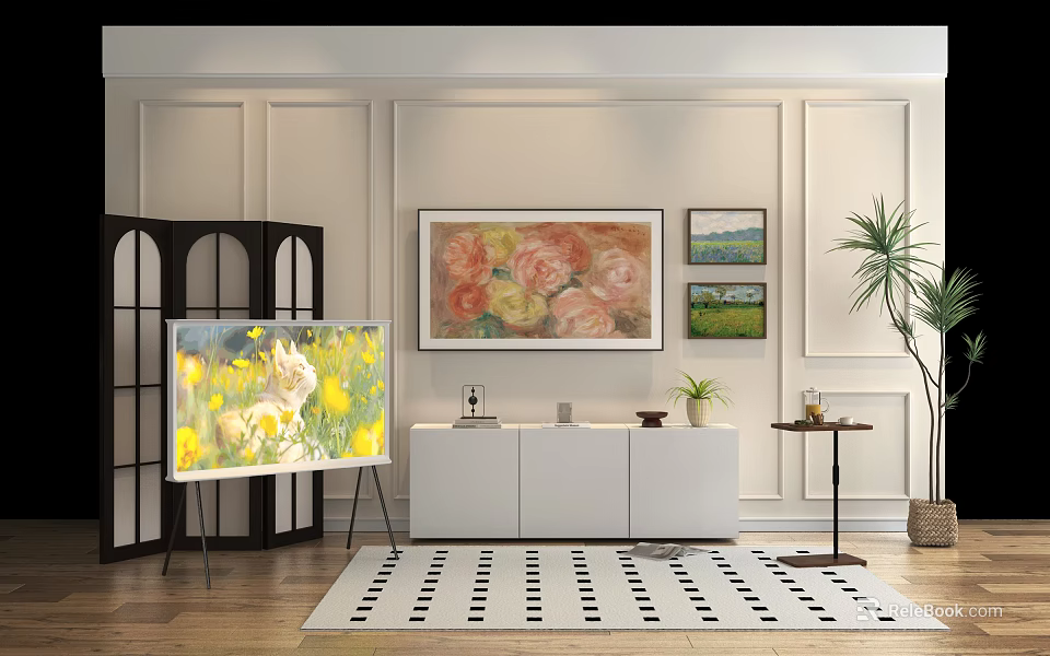 Live Stream Room Featuring Floral Paintings White Cabinet Plant And Decorative Rug 3d model 