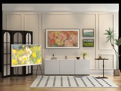 Live Stream Room Featuring Floral Paintings White Cabinet Plant And Decorative Rug 3d model