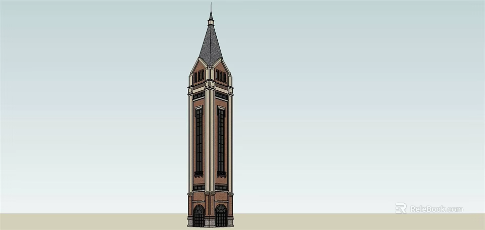 Tall Brown And Beige Tower With Pointed Spire And Arched Windows 3d model 